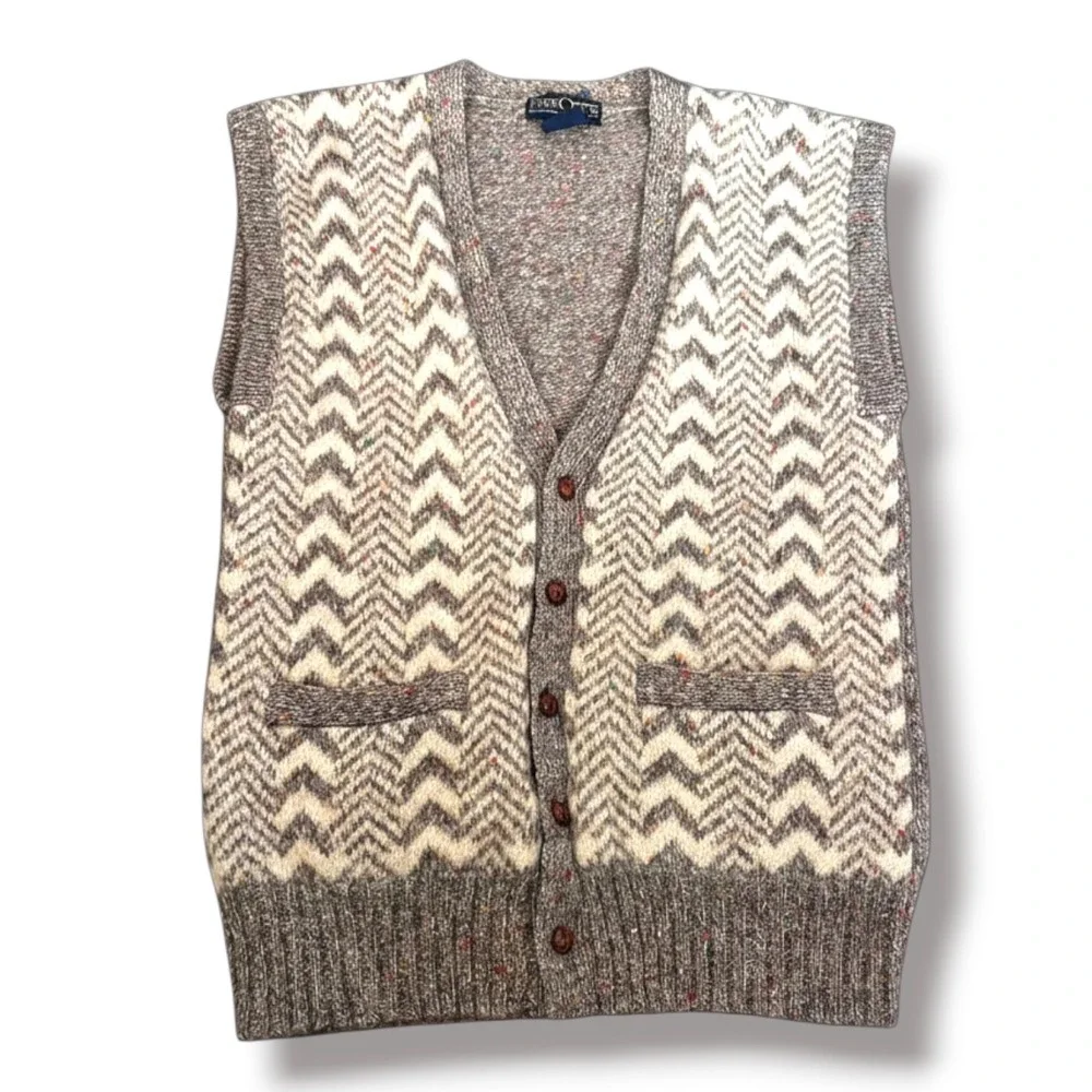Vintage 80s Pure Wool Chevron Sweater Vest Cardigan Fair Isle Cabincore Unisex
